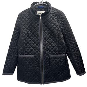 Jane Post Black Satin Quilted Jacket Lightweight Diamond Stitch Zip Front Preppy